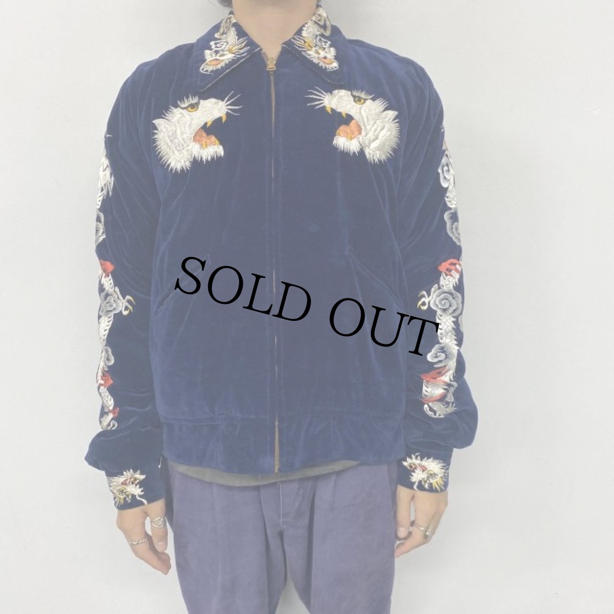 画像17: 50's "JAPAN" 鷹×虎 別珍×サテン スカジャン (17)