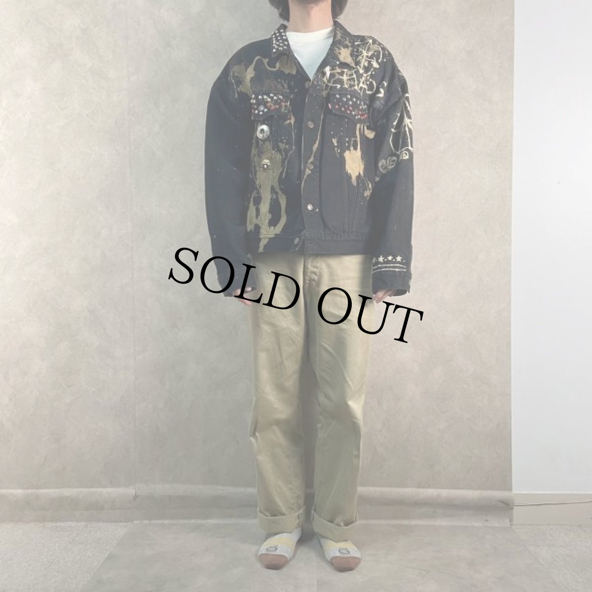 画像3: Levi's 70598-4159 スタッズ&ブリーチデザイン カスタムブラックデニムジャケット L (3)