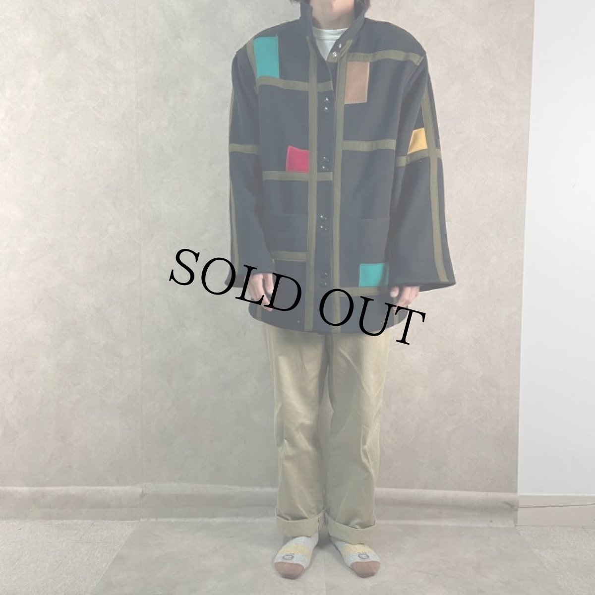 画像2: 80's STEVE EVANS USA製 モンドリアンパターン ウールコート (2)