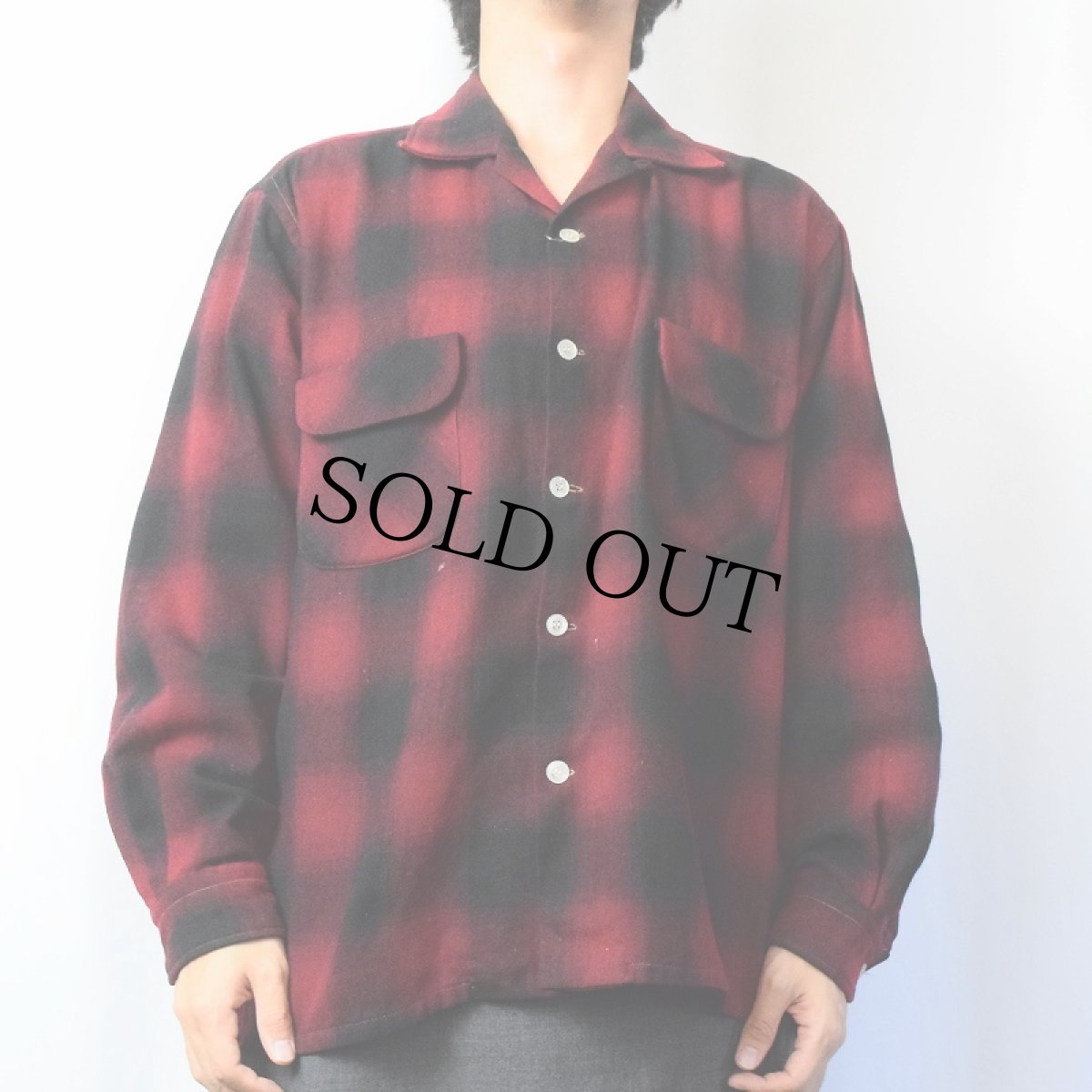 画像2: 60's Golden Line オンブレーチェック柄 オープンカラーウールシャツ L (2)