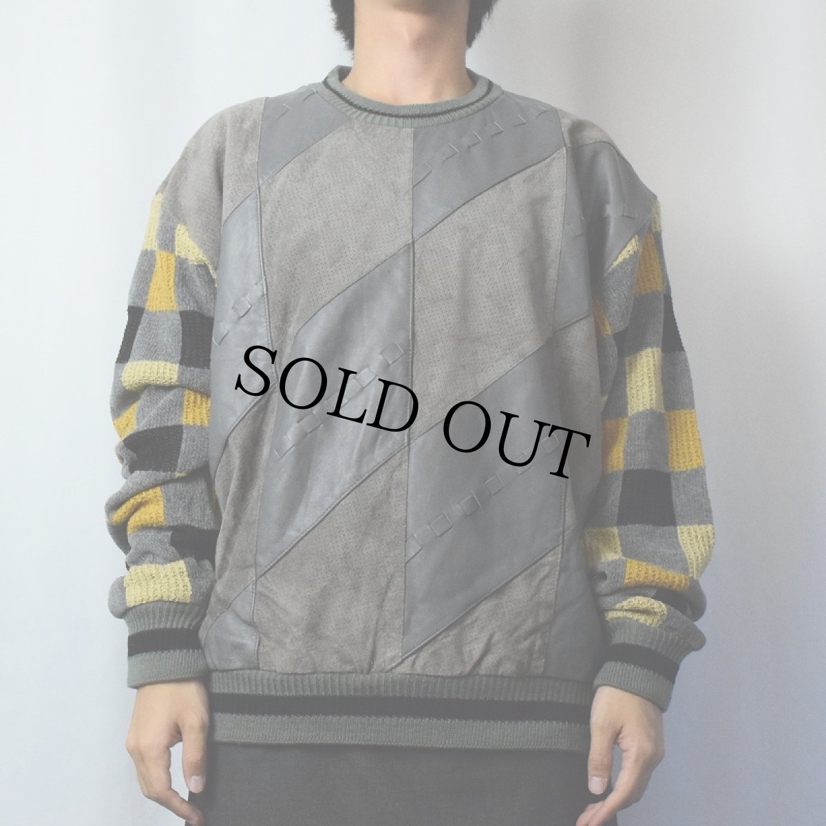 画像2: SAXONY レザー×ニット 切り替えデザイン プルオーバー L (2)