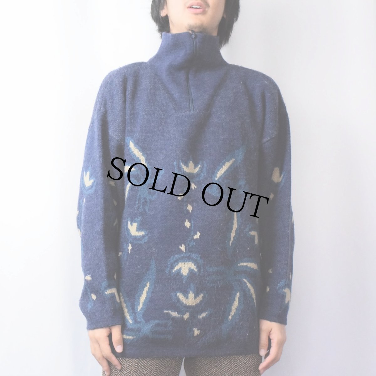 画像2: W.T.BLUE 柄織り ハーフジップ ユーロスキーニットセーター SIZE5 (2)