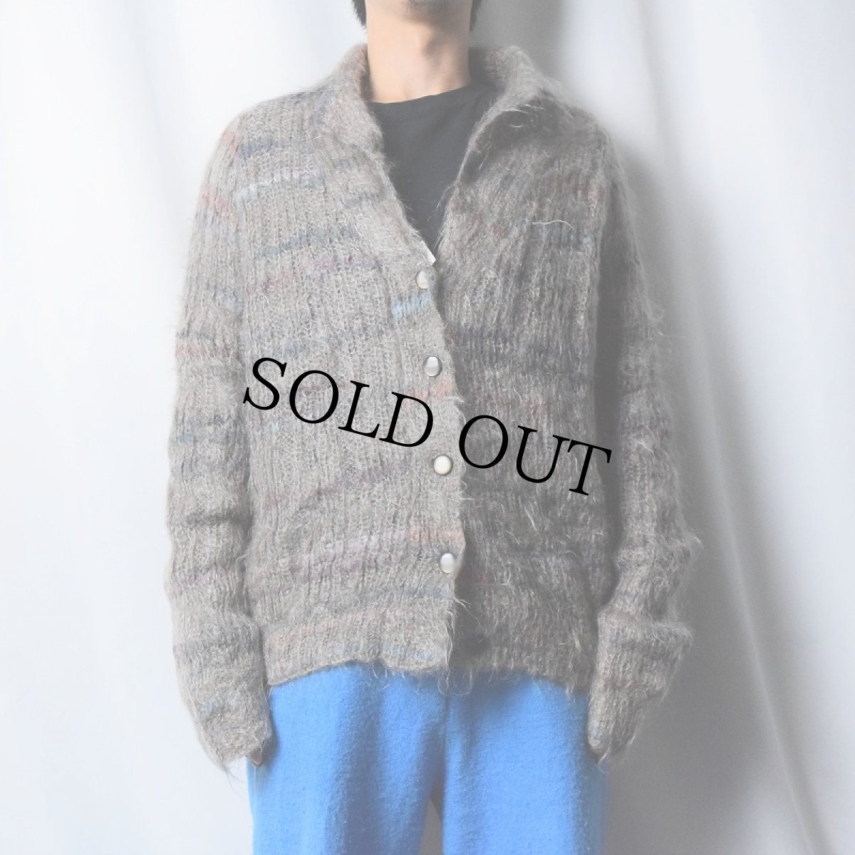 画像2: ハンドメイド ボーダー柄 モヘアニットカーディガン (2)