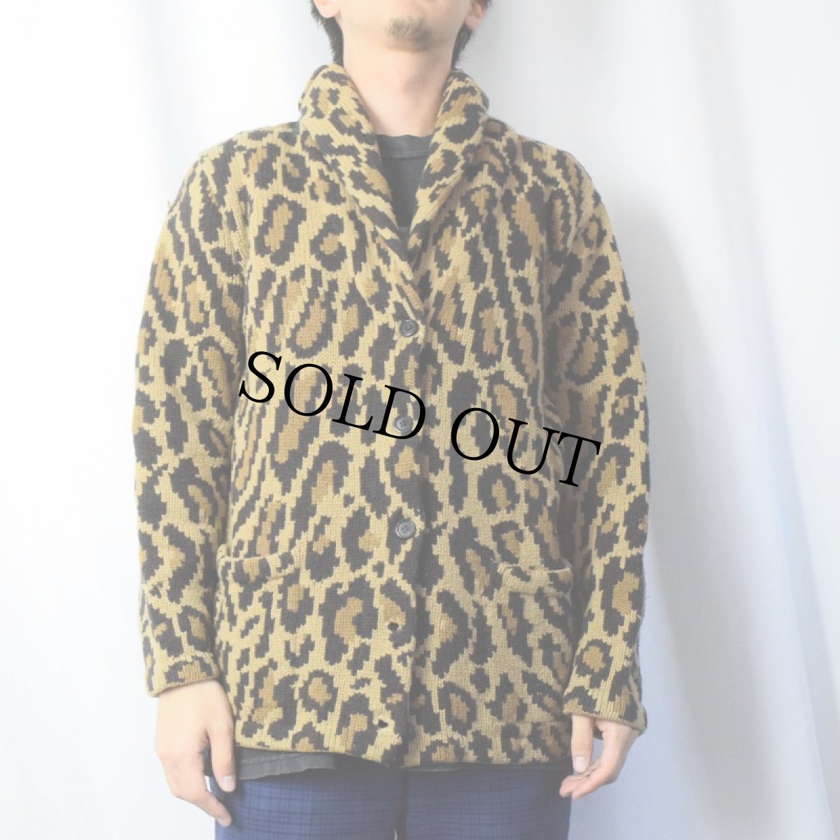 画像2: LAUREN Ralph Lauren レオパード柄 ショールカラー ウールニットカーディガン M (2)