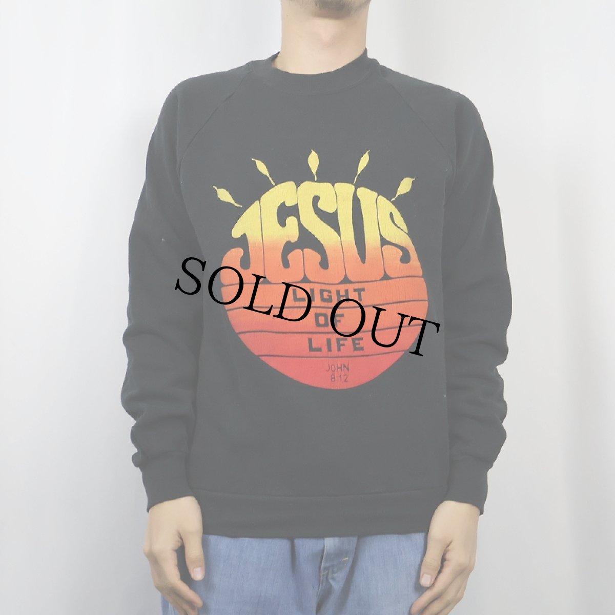 画像2: 90's USA製 "JESUS LIGHT OF LIFE" ジーザスプリント ラグランスウェット BLACK L (2)