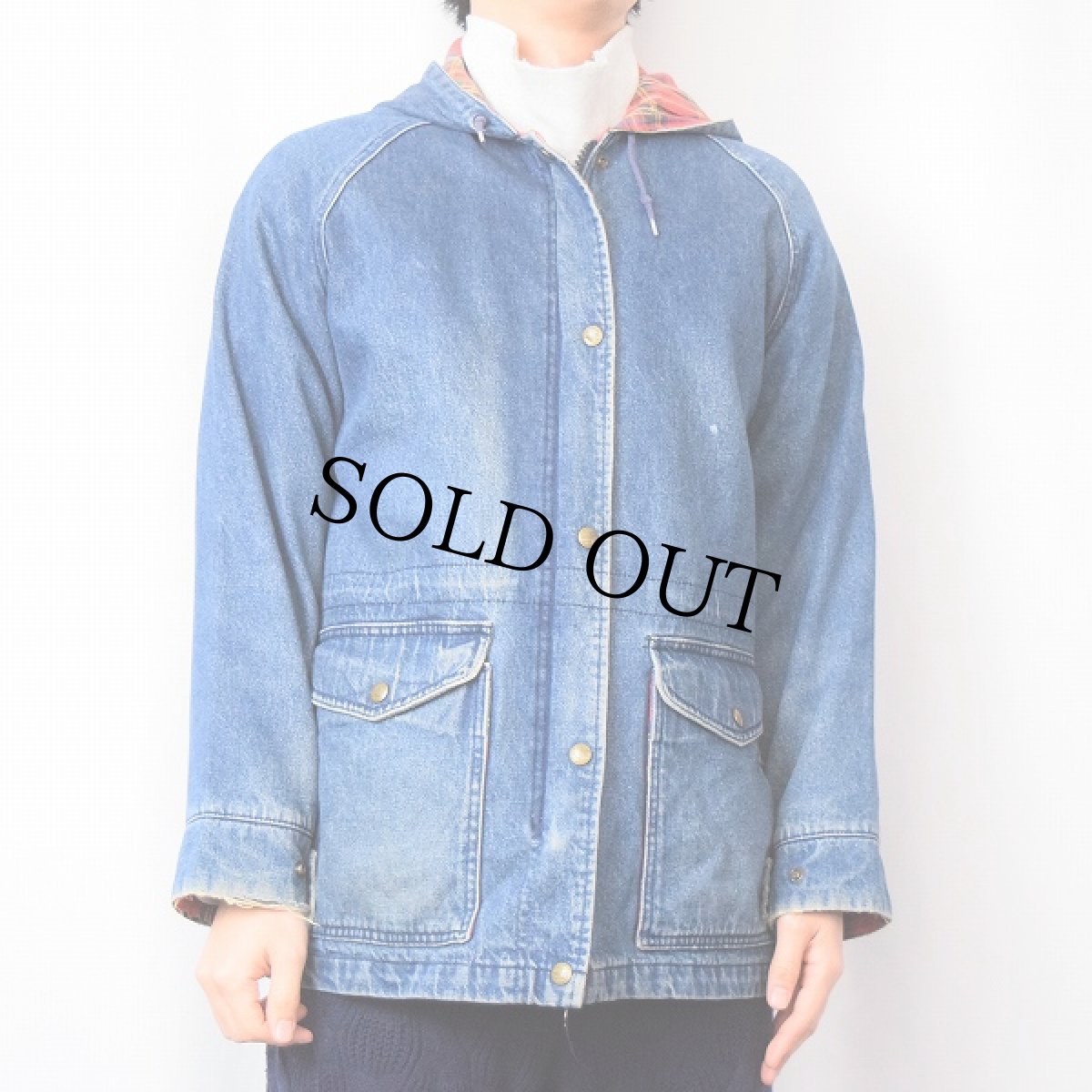 画像2: 80〜90's L.L.Bean USA製 チェック柄ライナー デニムフードコート M (2)