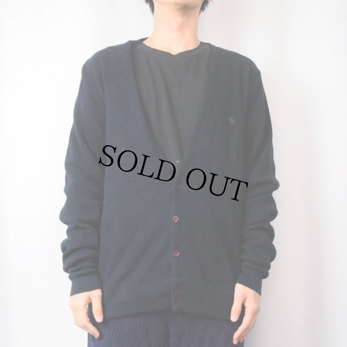 画像2: 80's Christian Dior USA製 ロゴ刺繍 アクリルニットカーディガン NAVY L (2)