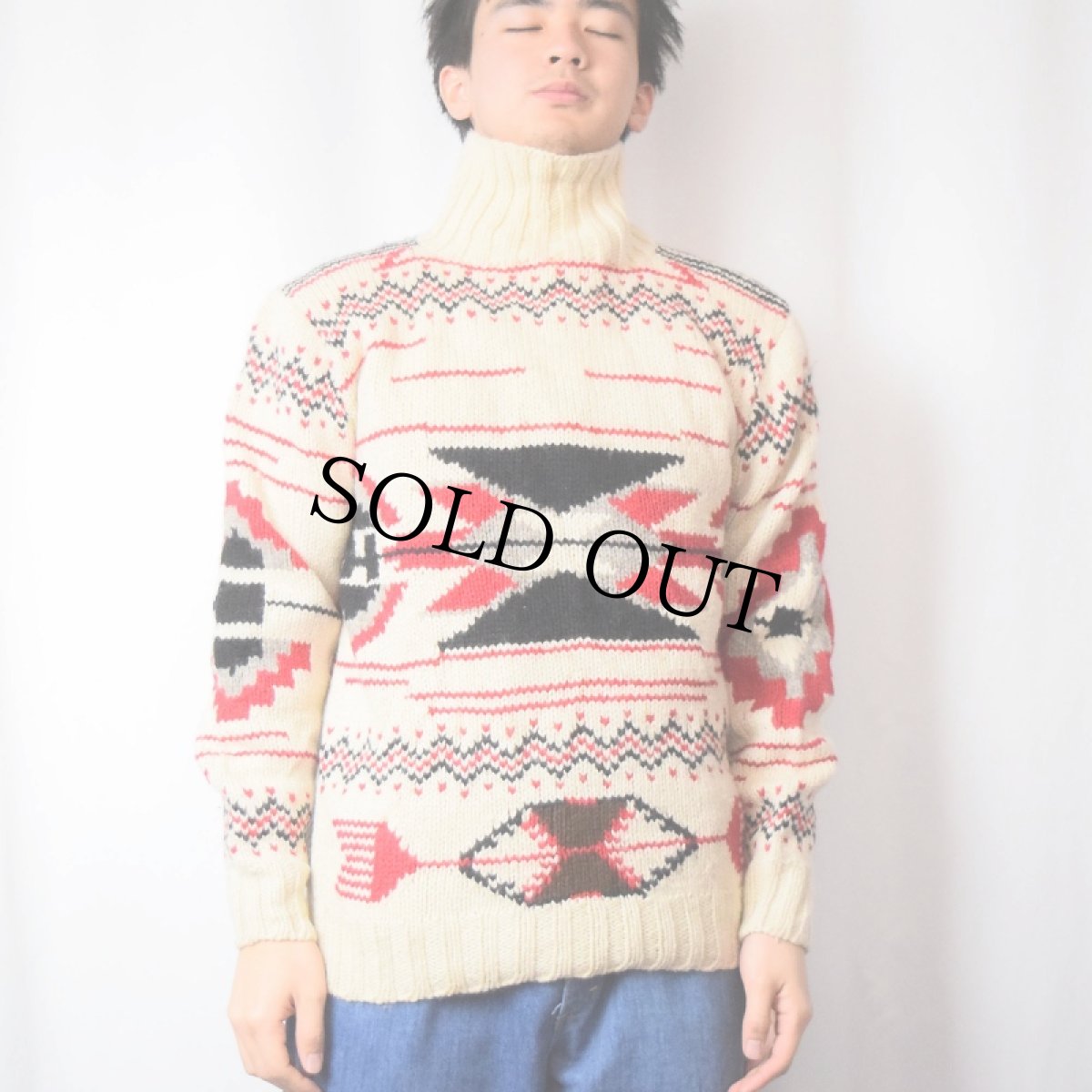 画像2: Ralph Lauren ネイティブ柄 ハイネック ウールハンドニットセーター M (2)