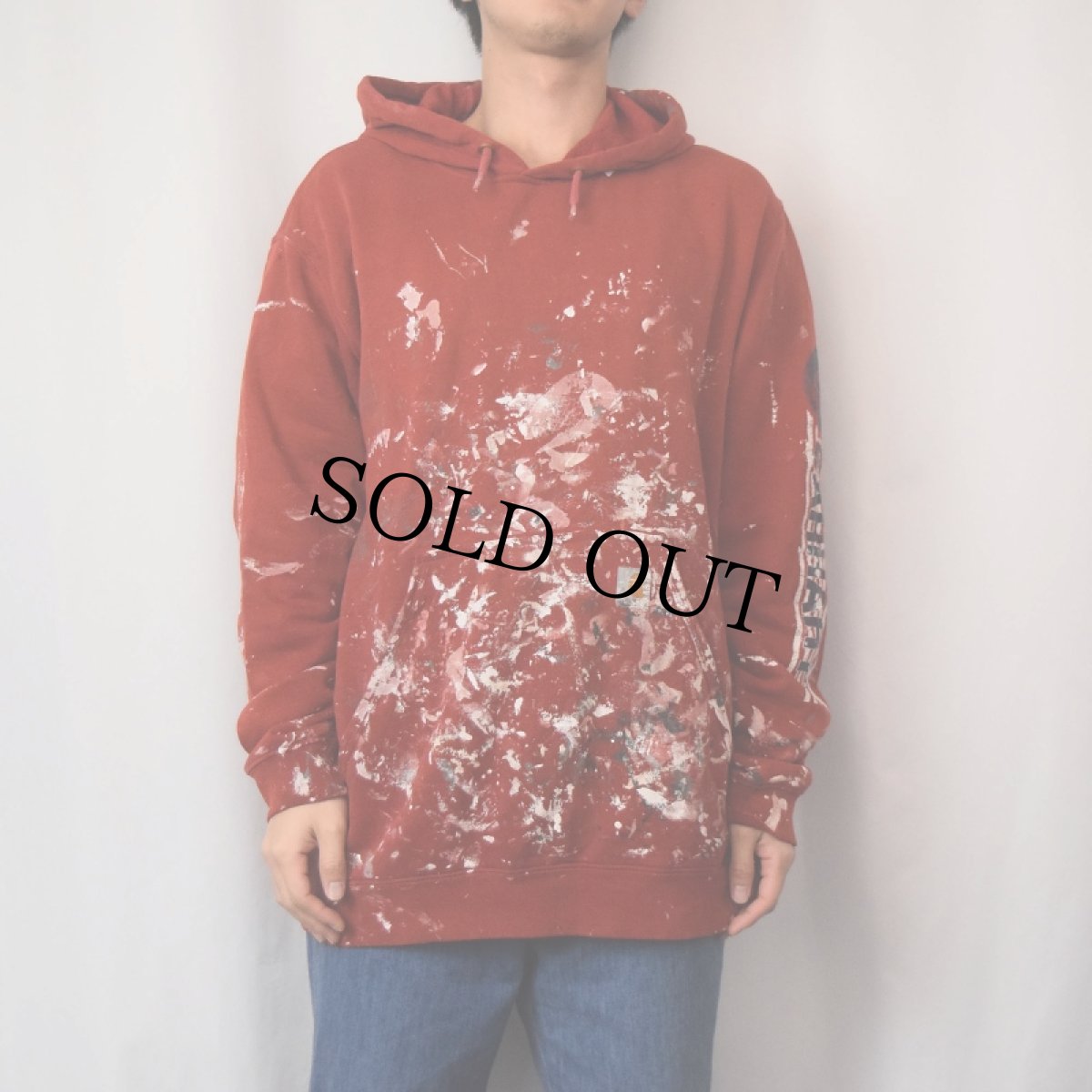 画像2: Carhartt ペンキペイント ロゴプリントスウェットフーディー L (2)