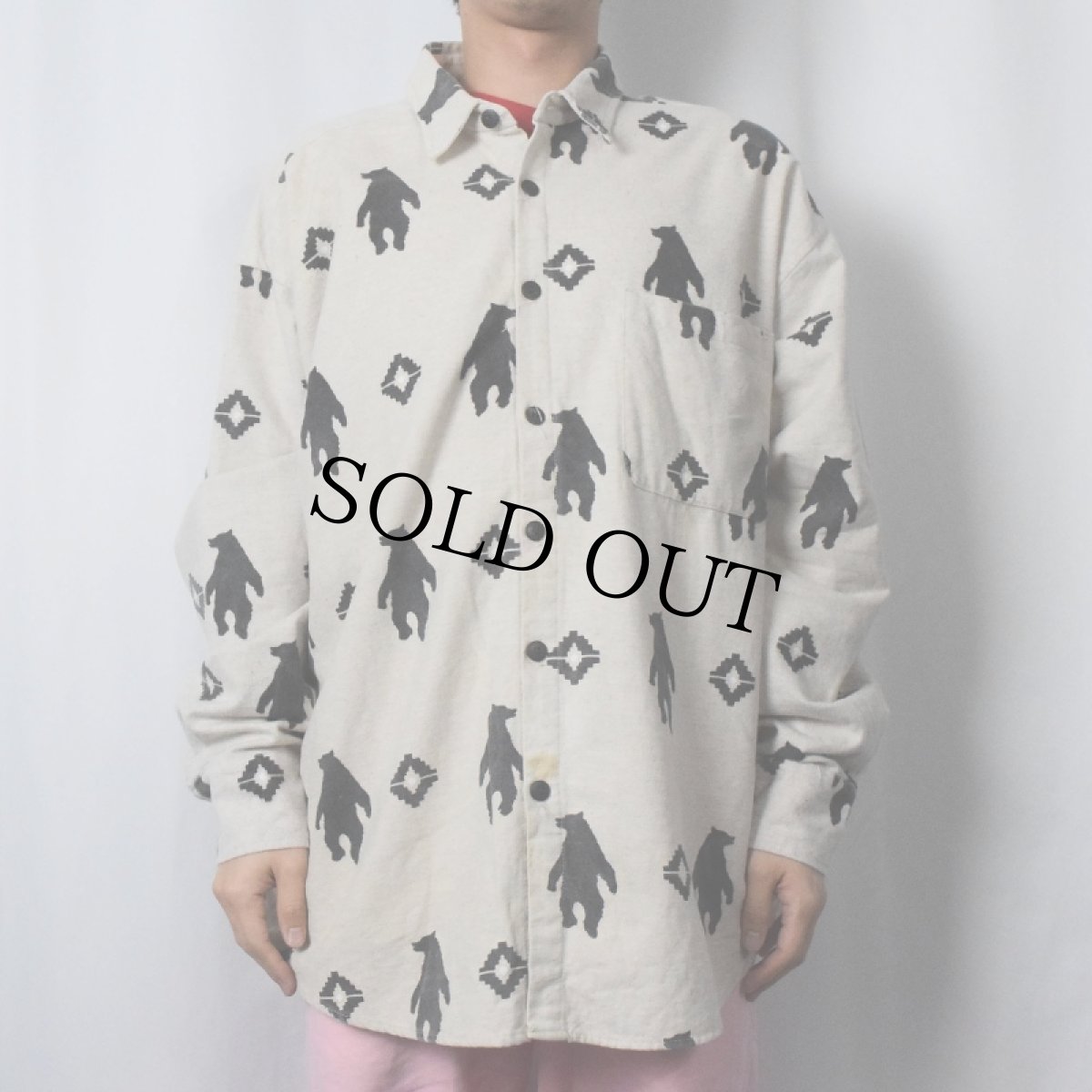 画像2: 90's True Grit USA製 クマ柄 プリントネルシャツ L (2)