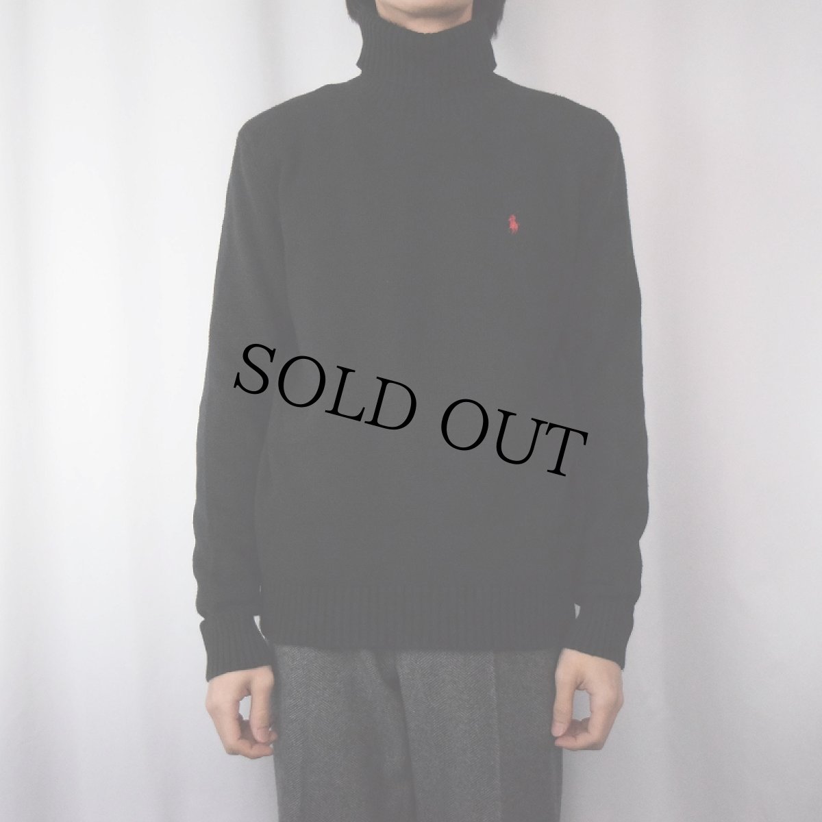 画像2: POLO Ralph Lauren ロゴ刺繍 タートルネック コットンニットセーター BLACK L (2)
