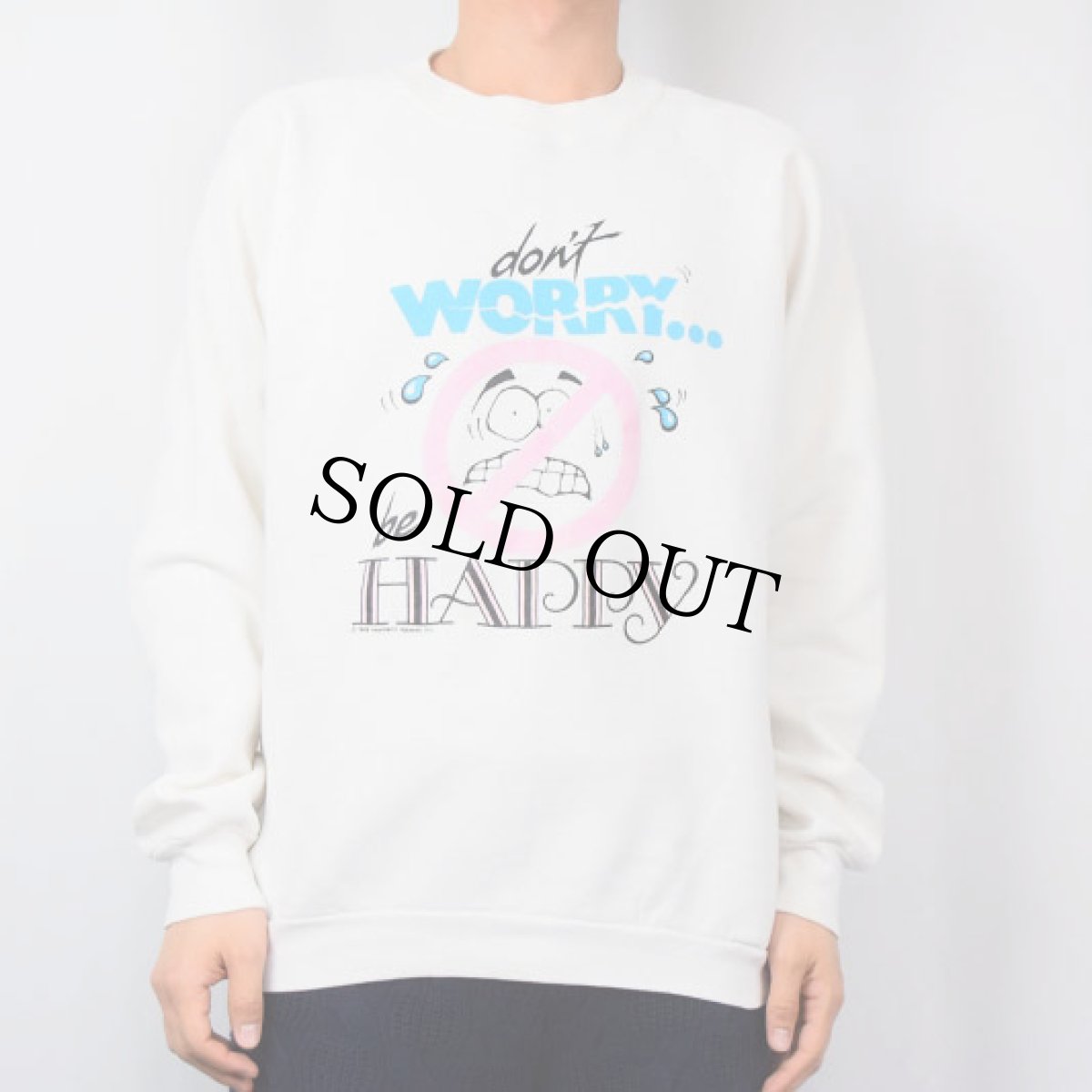 画像2: 80's USA製 "don't WORRY... be HAPPY" プリントラグランスウェット XL (2)