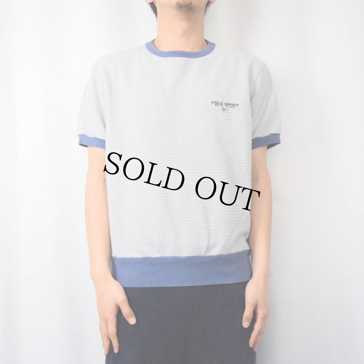 画像2: 90's POLO SPORT Ralph Lauren ボーダー柄 ロゴ刺繍 半袖スウェット M (2)