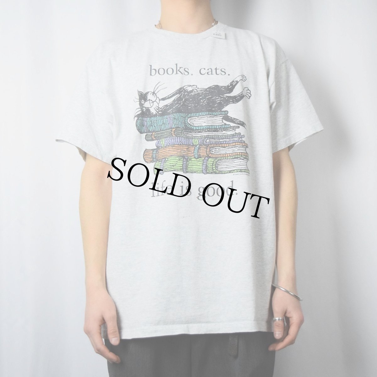 画像2: Edward Gorey "books.cats." 本×ねこプリントTシャツ XL (2)