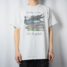 画像2: Edward Gorey "books.cats." 本×ねこプリントTシャツ XL (2)