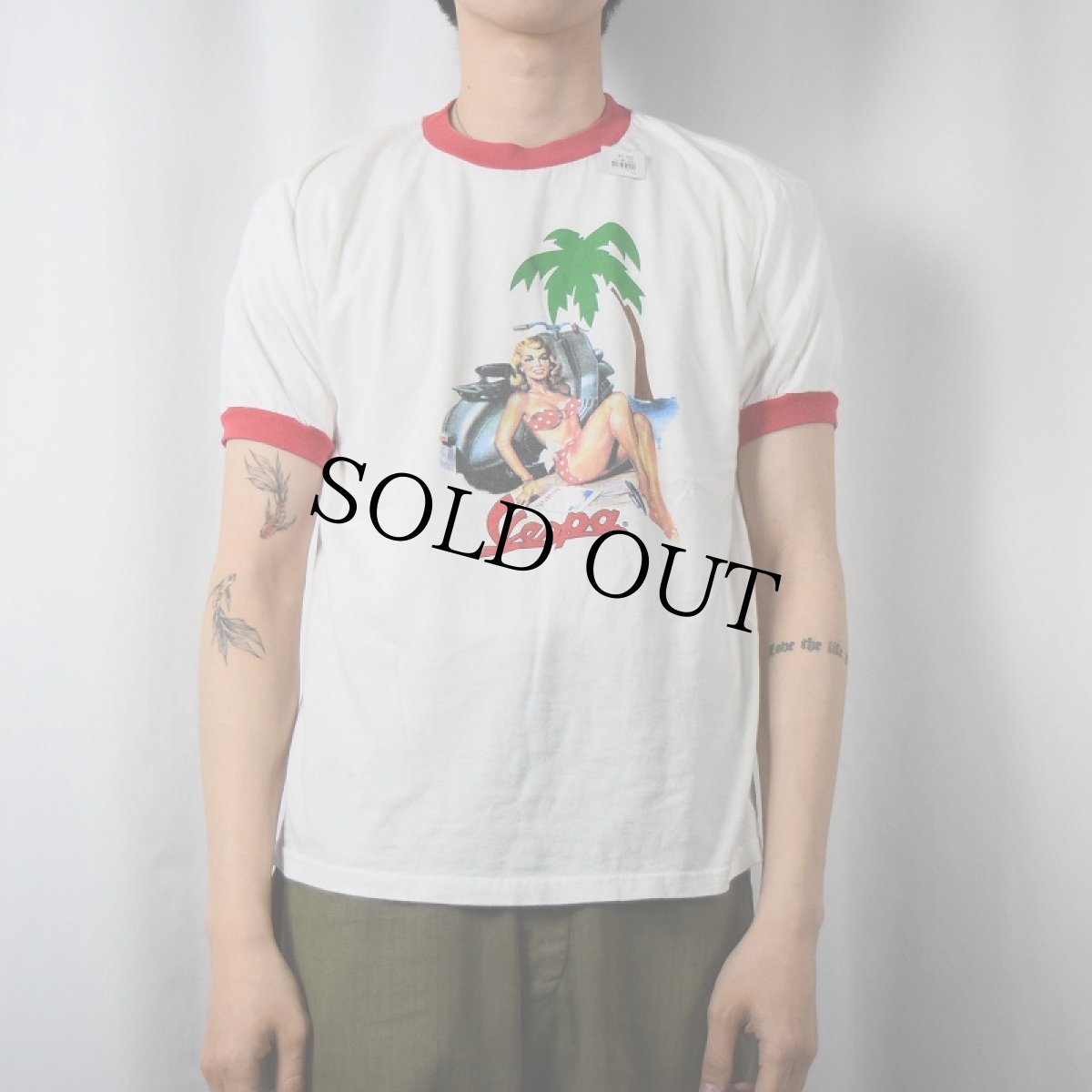 画像2: Vespa オートバイメーカー プリントリンガーTシャツ M (2)