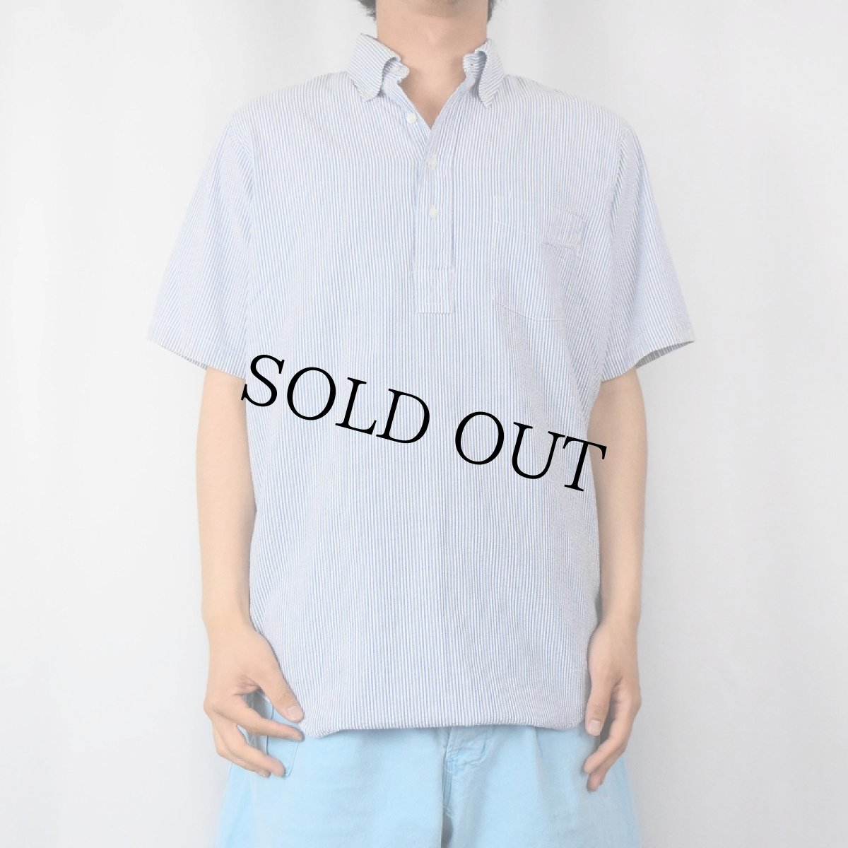 画像2: 90's LANDS' END USA製 ストライプ柄 シアサッカー プルオーバーボタンダウンシャツ M (2)