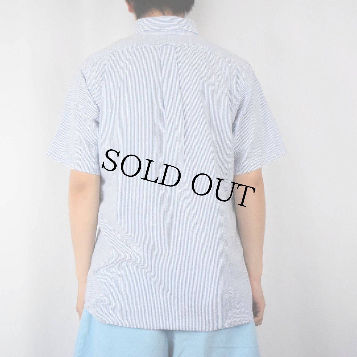 画像3: 90's LANDS' END USA製 ストライプ柄 シアサッカー プルオーバーボタンダウンシャツ M (3)