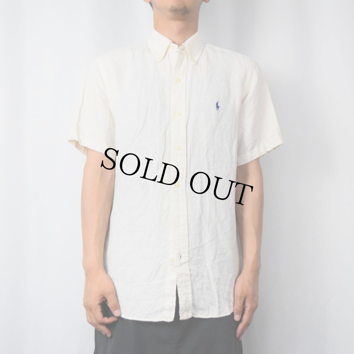 画像2: POLO Ralph Lauren "CUSTOM FIT" ロゴ刺繍 リネン×シルクボタンダウンシャツ M (2)