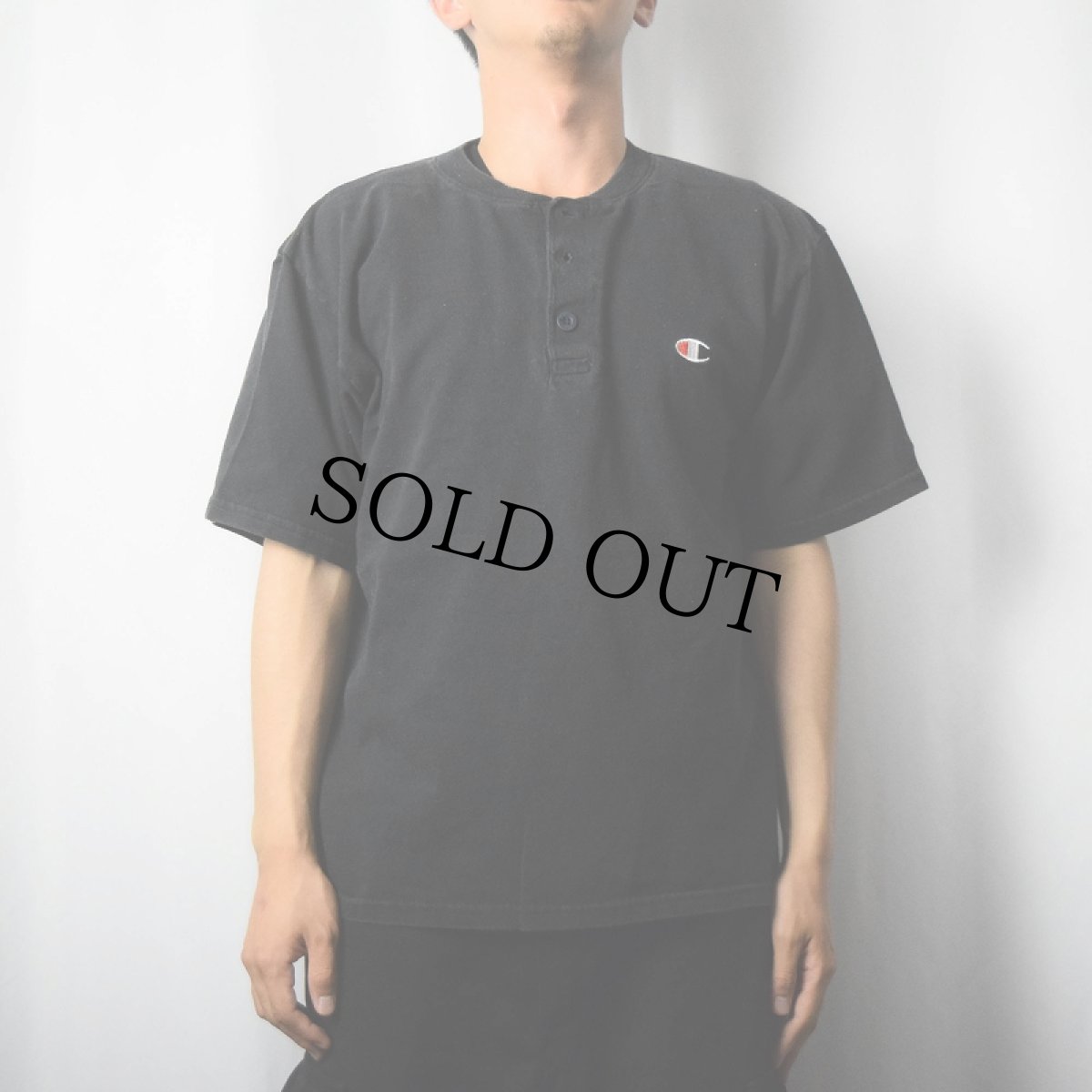 画像2: 90's Champion ヘンリーネックTシャツ BLACK M (2)