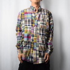 画像2: Ralph Lauren "CLASSIC FIT" マドラスチェック柄 パッチワーク コットンボタンダウンシャツ L (2)