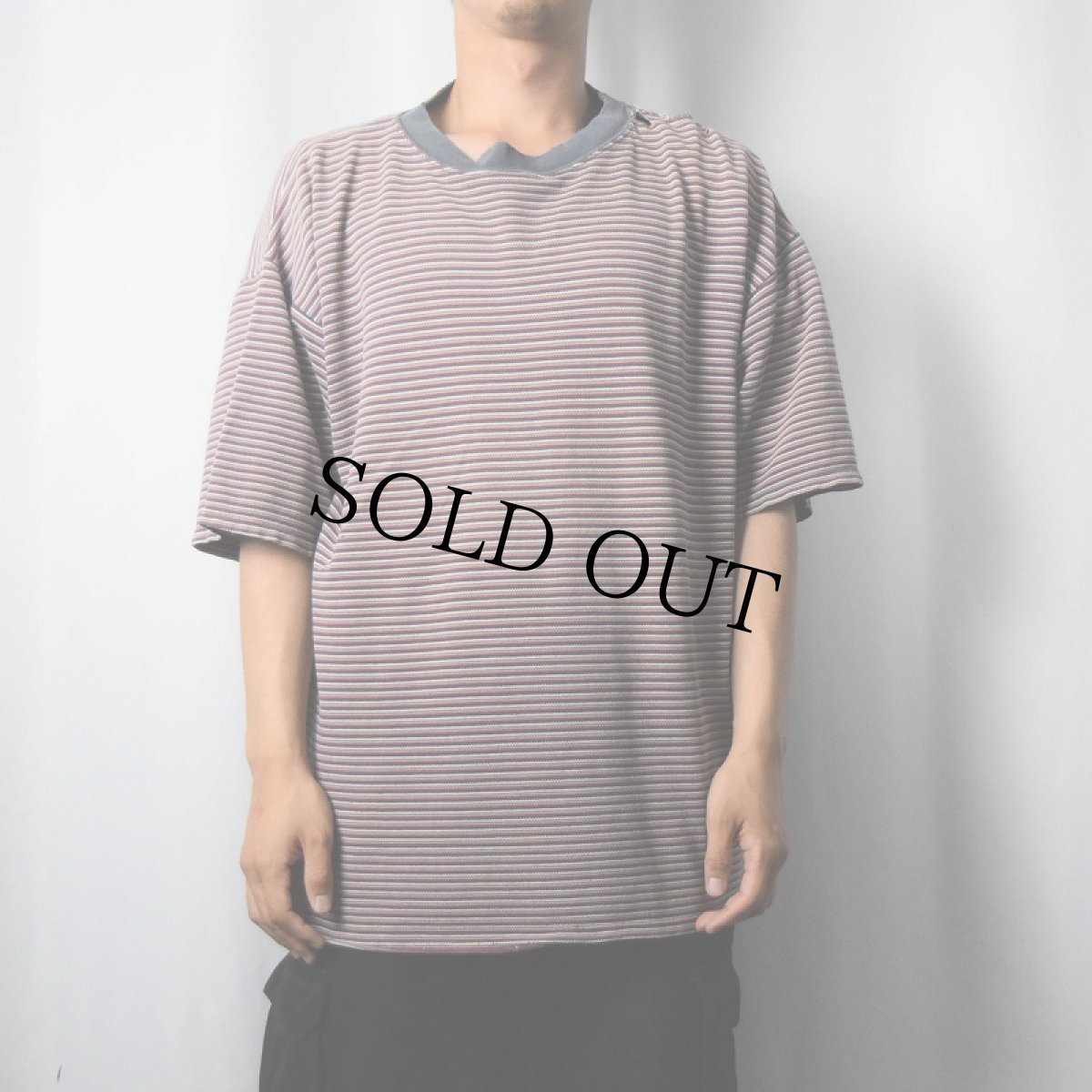 画像2: 90's〜 Bass USA製 マルチボーダー柄 Tシャツ L (2)