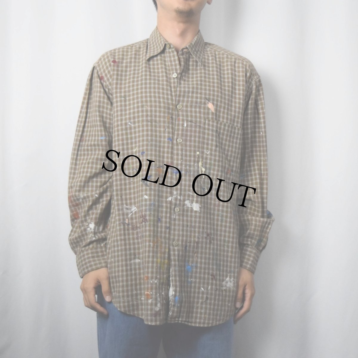 画像2: PERRY ELLIS チェック柄 ペンキペイント コットンシャツ M (2)