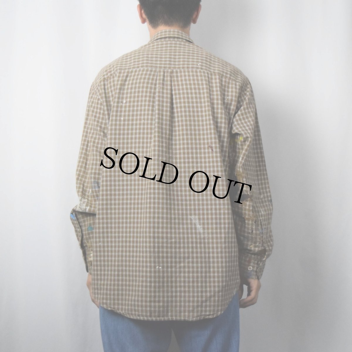 画像3: PERRY ELLIS チェック柄 ペンキペイント コットンシャツ M (3)