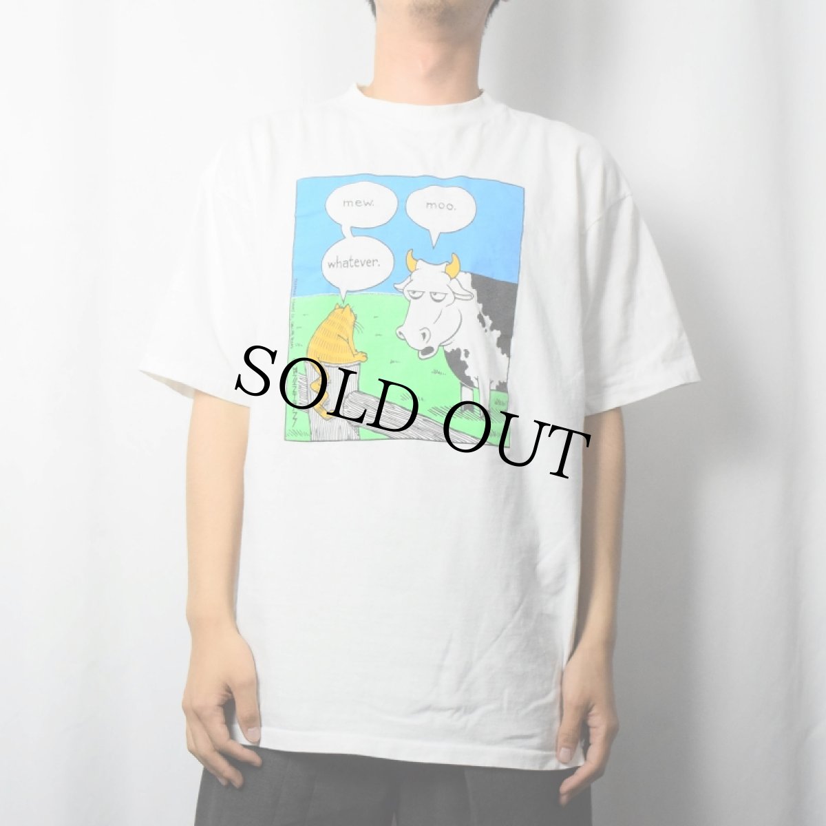 画像2: 90's John Baynham USA製 "mew. whatever. moo." シュールイラストプリントTシャツ XL (2)