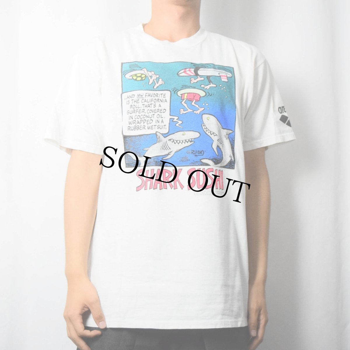 画像2: 90's GRIMMY USA製 "SHARK SUSHI" サメイラストプリントTシャツ L (2)