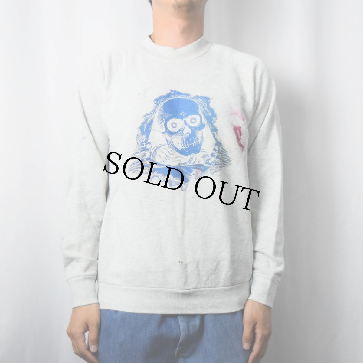 画像2: 90's USA製 ペンキペイント スカルプリントラグランスウェット M (2)