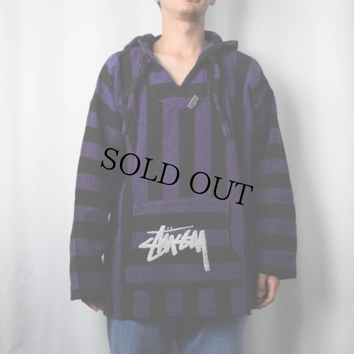 画像2: ブート STUSSY ストライプ柄 ロゴプリントメキシカンパーカー XL (2)