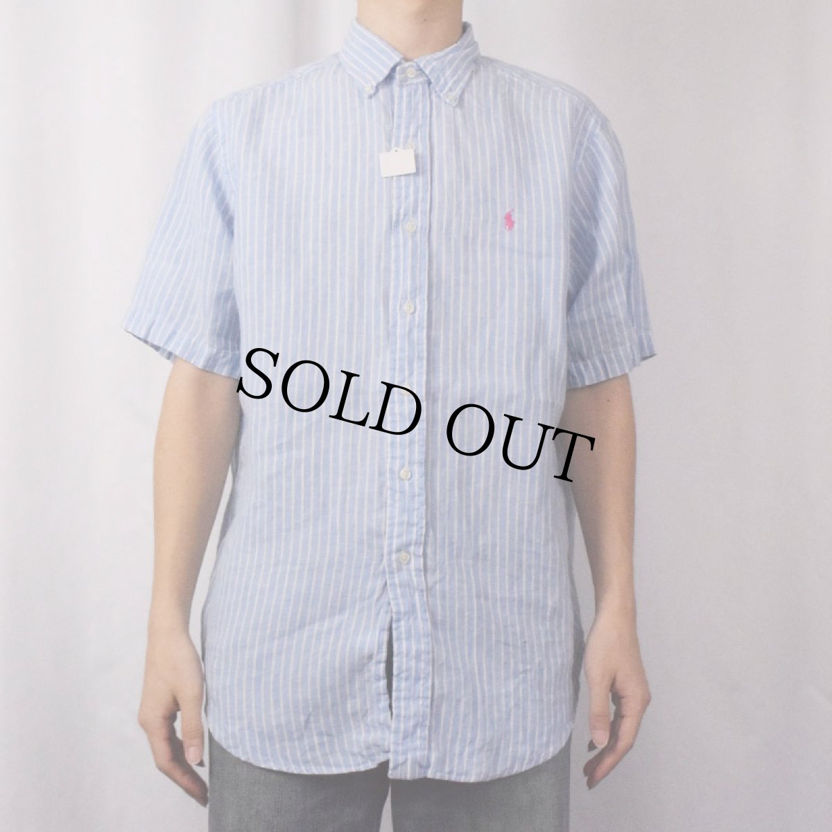 画像2: Ralph Lauren "CLASSIC FIT" ストライプ柄 リネンボタンダウンシャツ M (2)