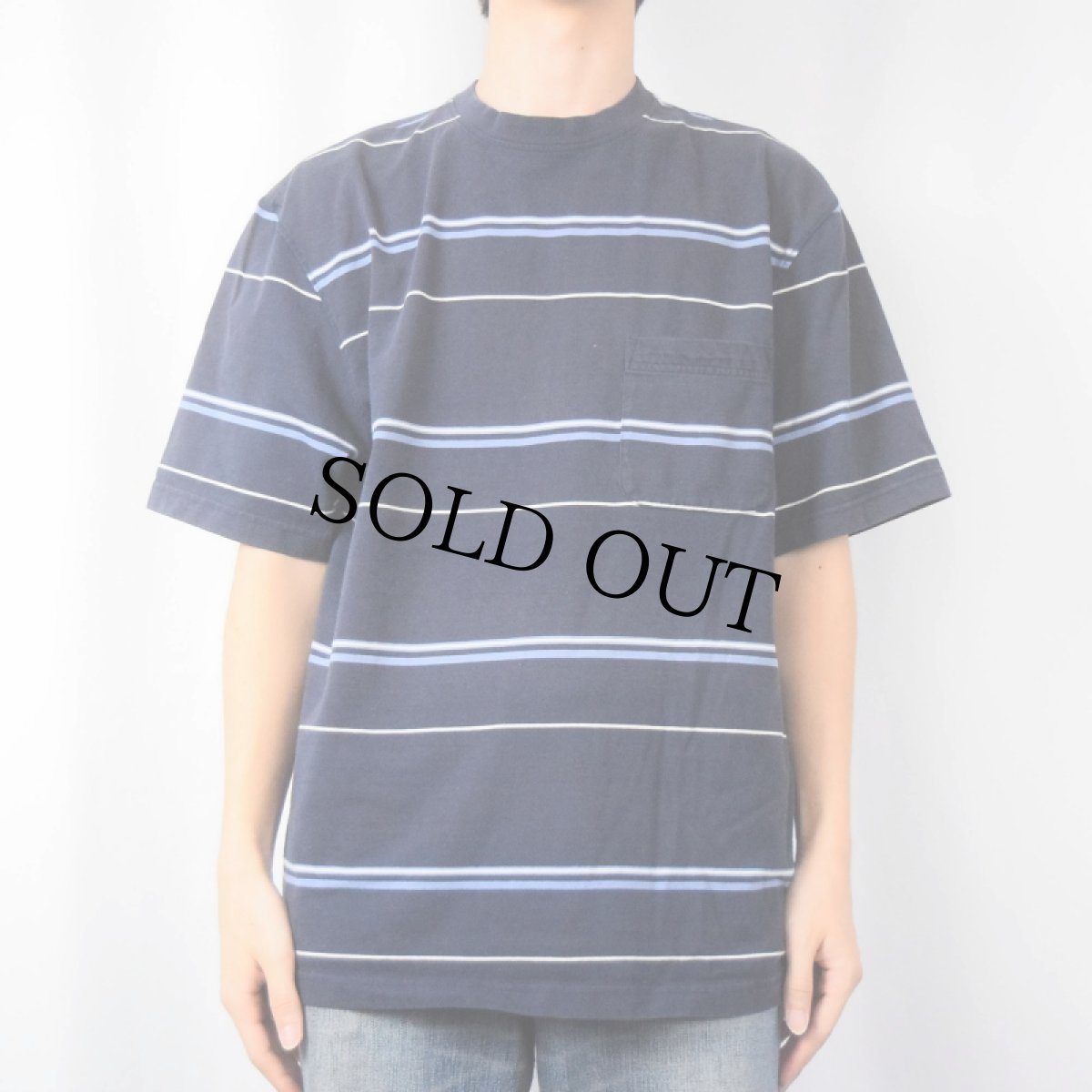 画像2: puritan ボーダー柄 ポケットTシャツ NAVY L (2)