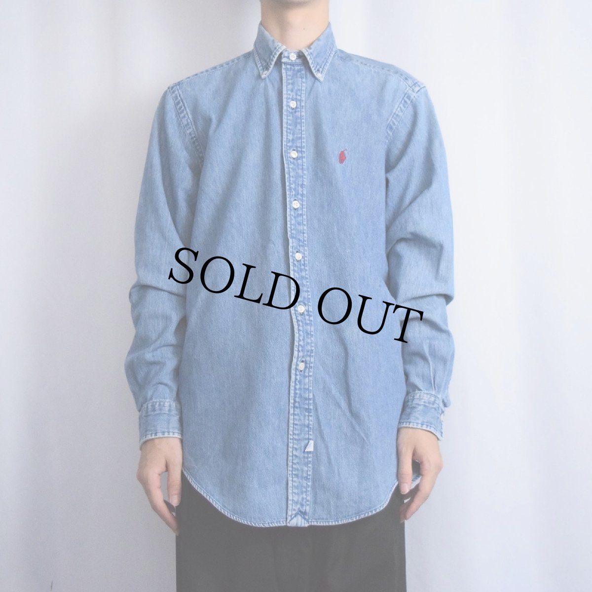 画像2: 90's Ralph Lauren ロゴ刺繍 デニムボタンダウンシャツ M (2)