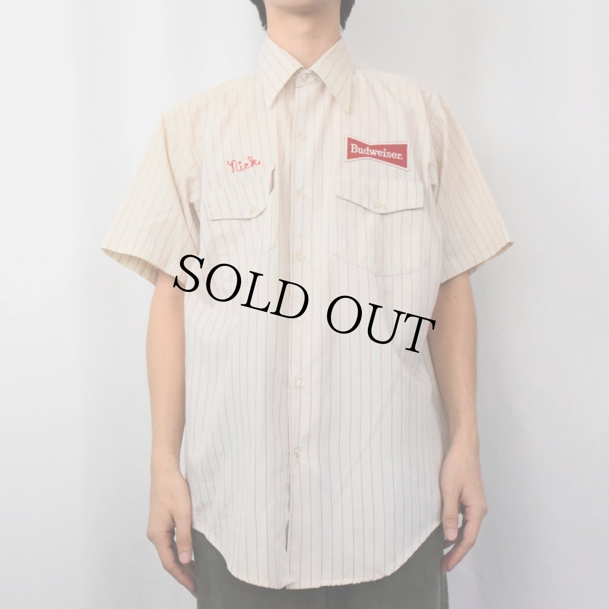 画像3: 70's RIVERSIDE USA製 "Budweiser" ストライプ柄 ロゴワッペン ワークシャツ SIZE16 1/2 (3)