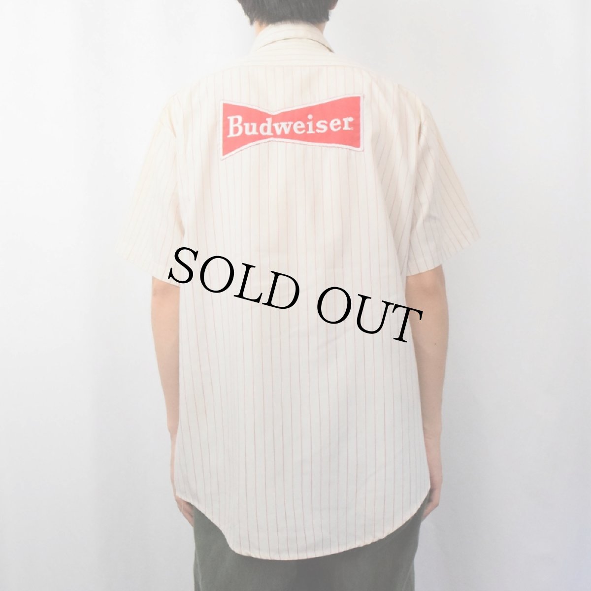 画像4: 70's RIVERSIDE USA製 "Budweiser" ストライプ柄 ロゴワッペン ワークシャツ SIZE16 1/2 (4)