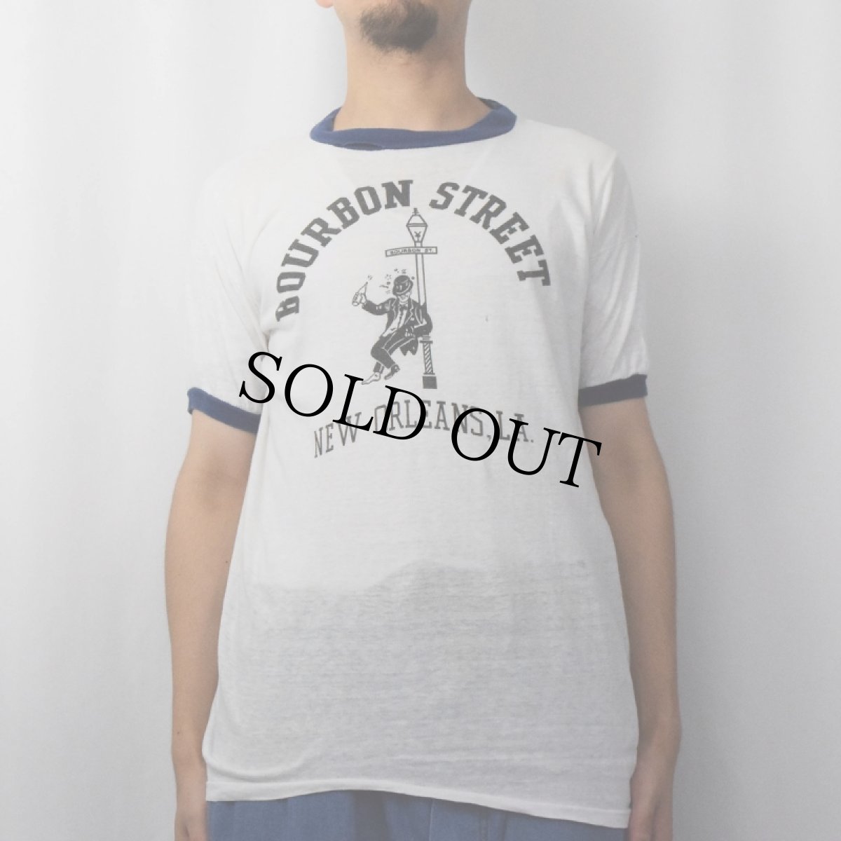 画像2: 70's "BOURBON STREET" プリントリンガーTシャツ XL (2)