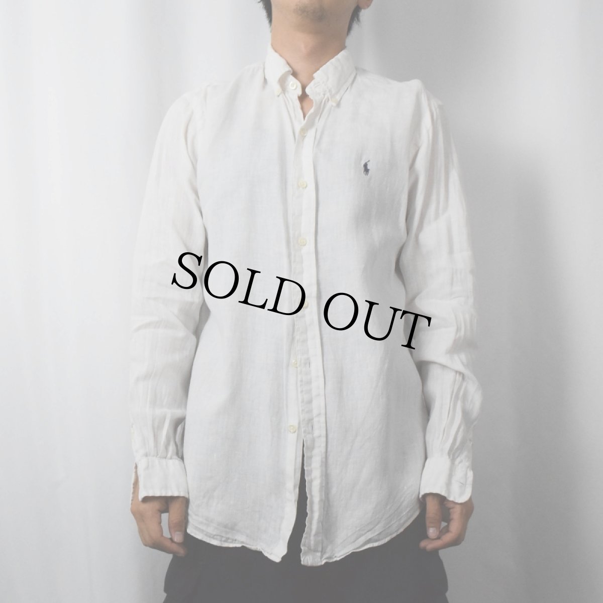 画像2: Ralph Lauren "CUSTOM FIT" ロゴ刺繍 リネンボタンダウンシャツ M (2)