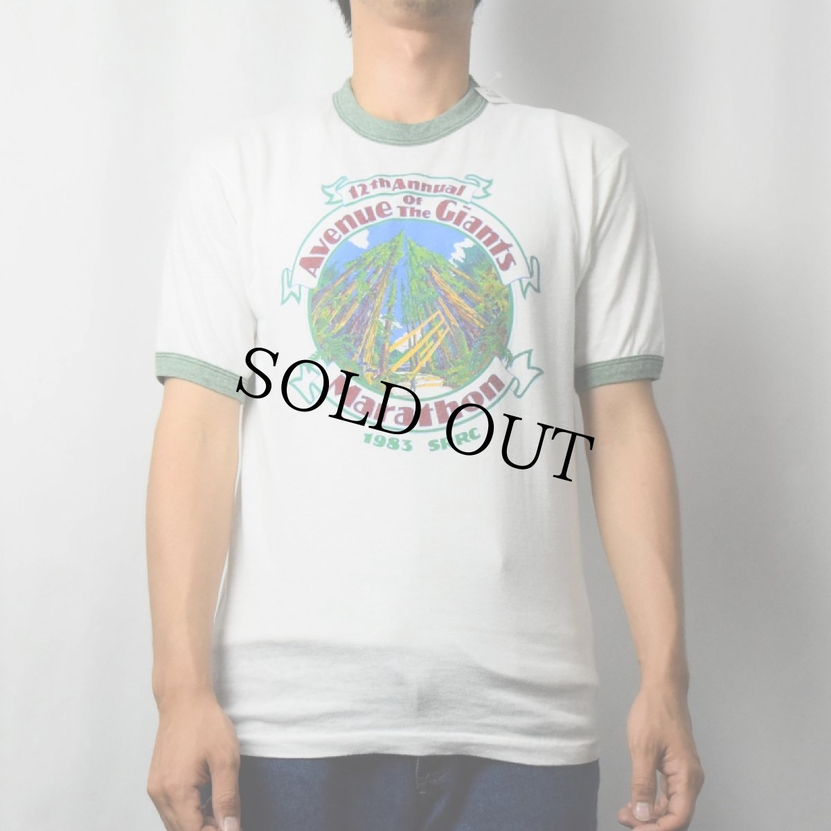 画像2: 80's USA製 "Avenue of the Giants Marathon" マラソンプリントリンガーTシャツ M (2)