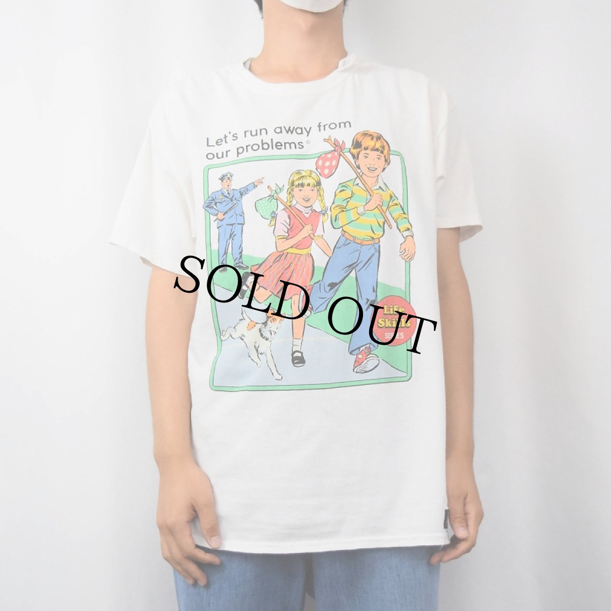 画像2: Steven Rhodes "Let's run away from our problems" イラストプリントTシャツ L (2)