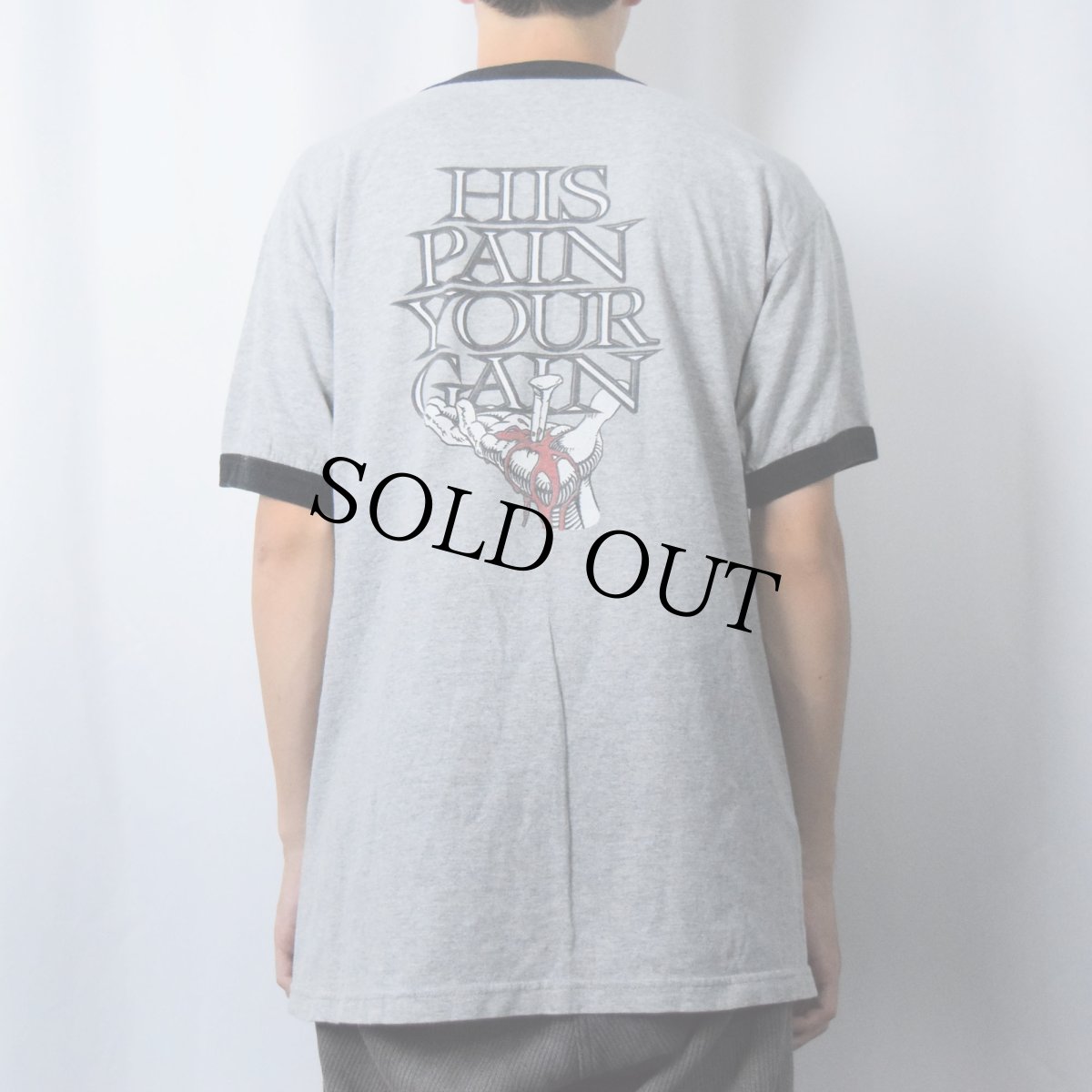 画像4: LORD'S GYM "HIS PAIN YOUR GAIN" ジーザスパロディリンガーTシャツ L (4)