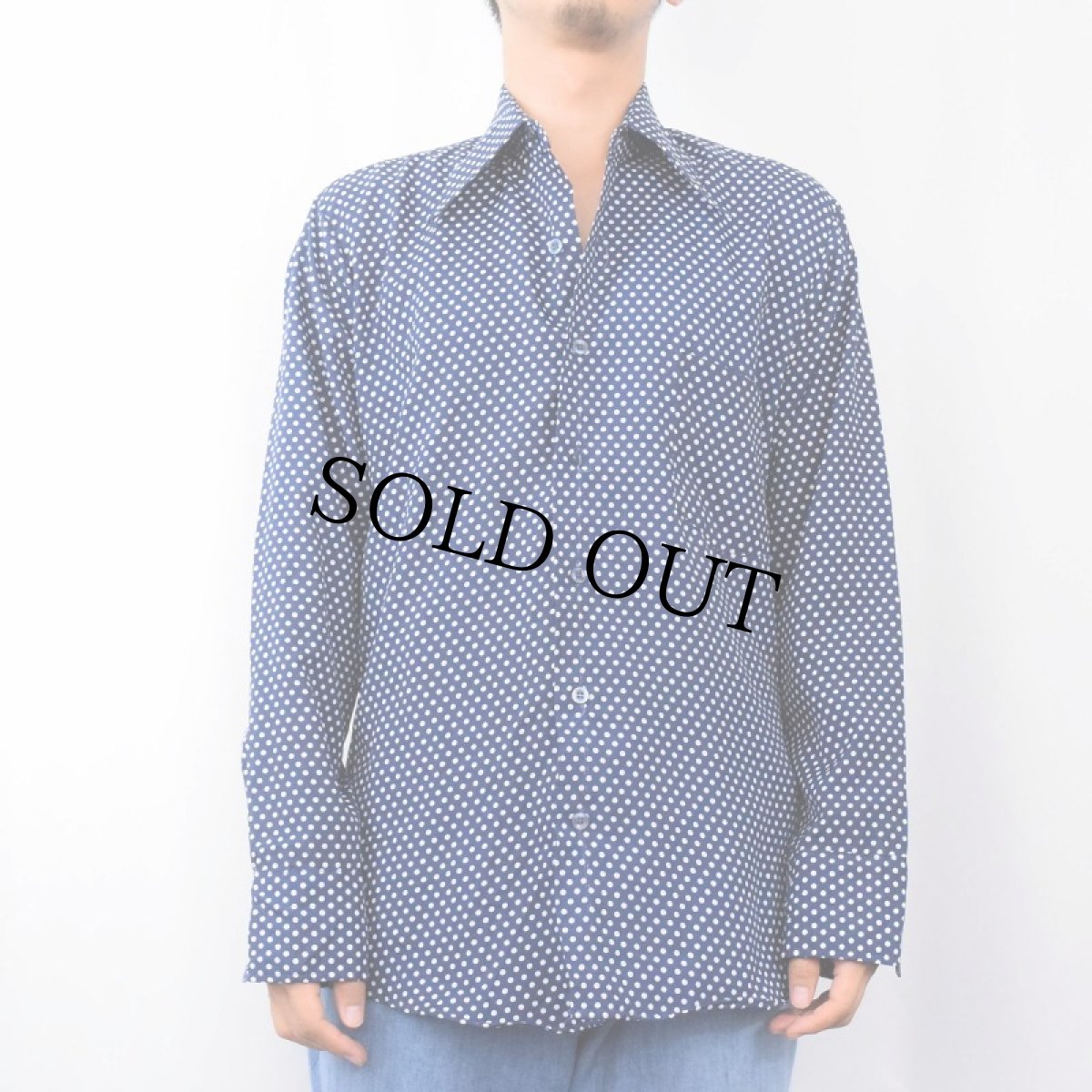 画像2: 70's Sears KINGS ROAD ドット柄 ポリエステルシャツ NAVY M (2)