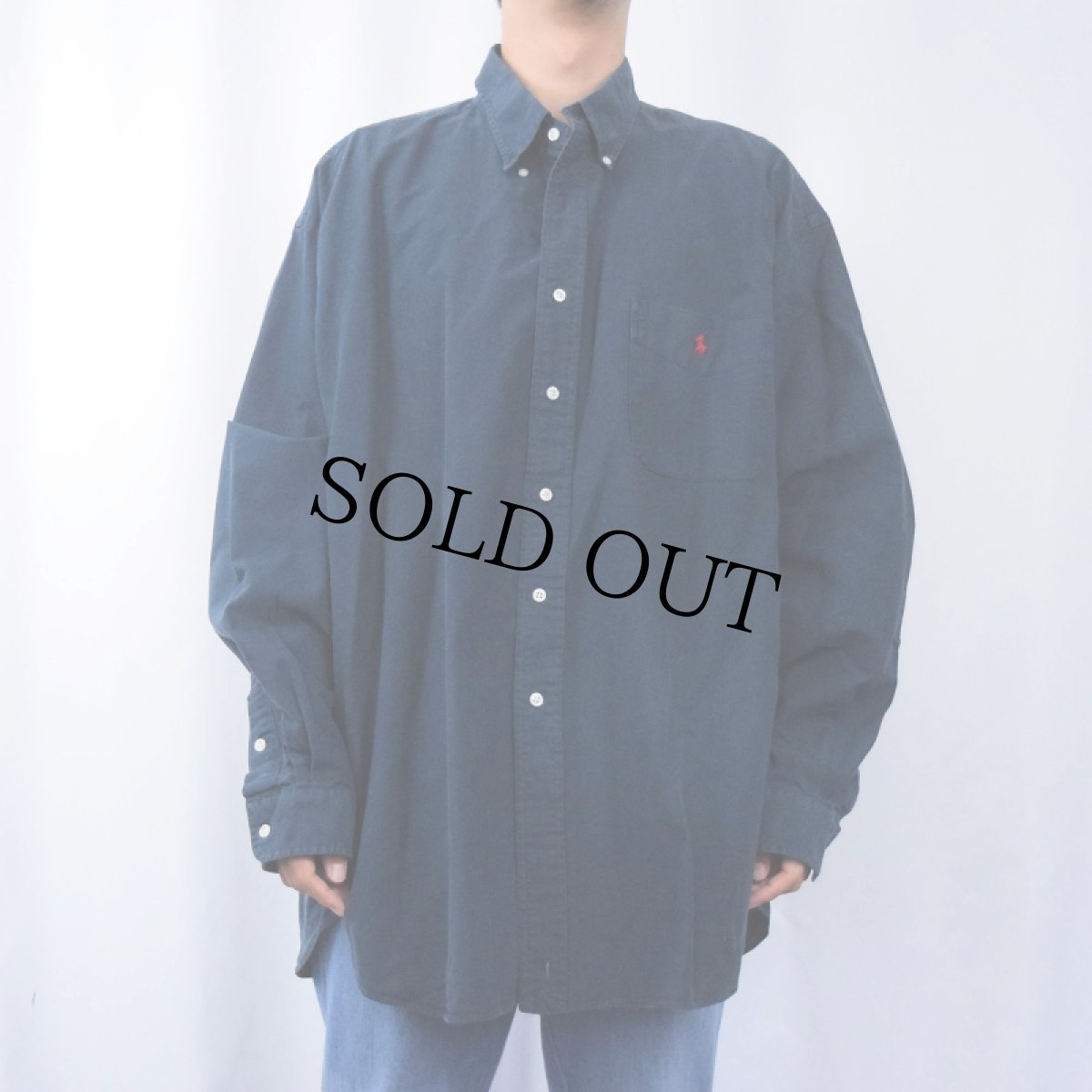 画像2: Ralph Lauren ロゴ刺繍 コットンボタンダウンシャツ NAVY XXL (2)