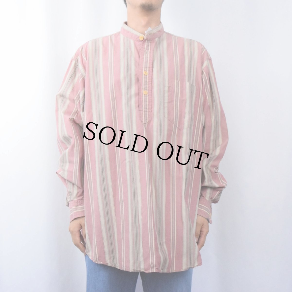 画像2: 90's POLO Ralph Lauren ストライプ柄 バンドカラー プルオーバーコットンシャツ XL (2)