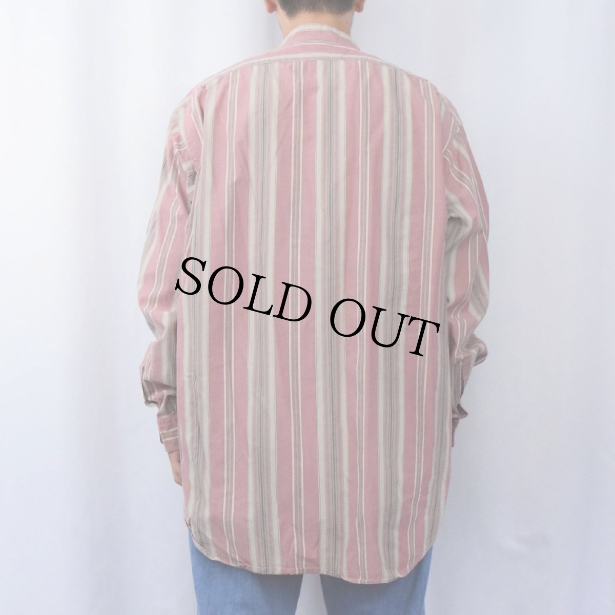 画像3: 90's POLO Ralph Lauren ストライプ柄 バンドカラー プルオーバーコットンシャツ XL (3)