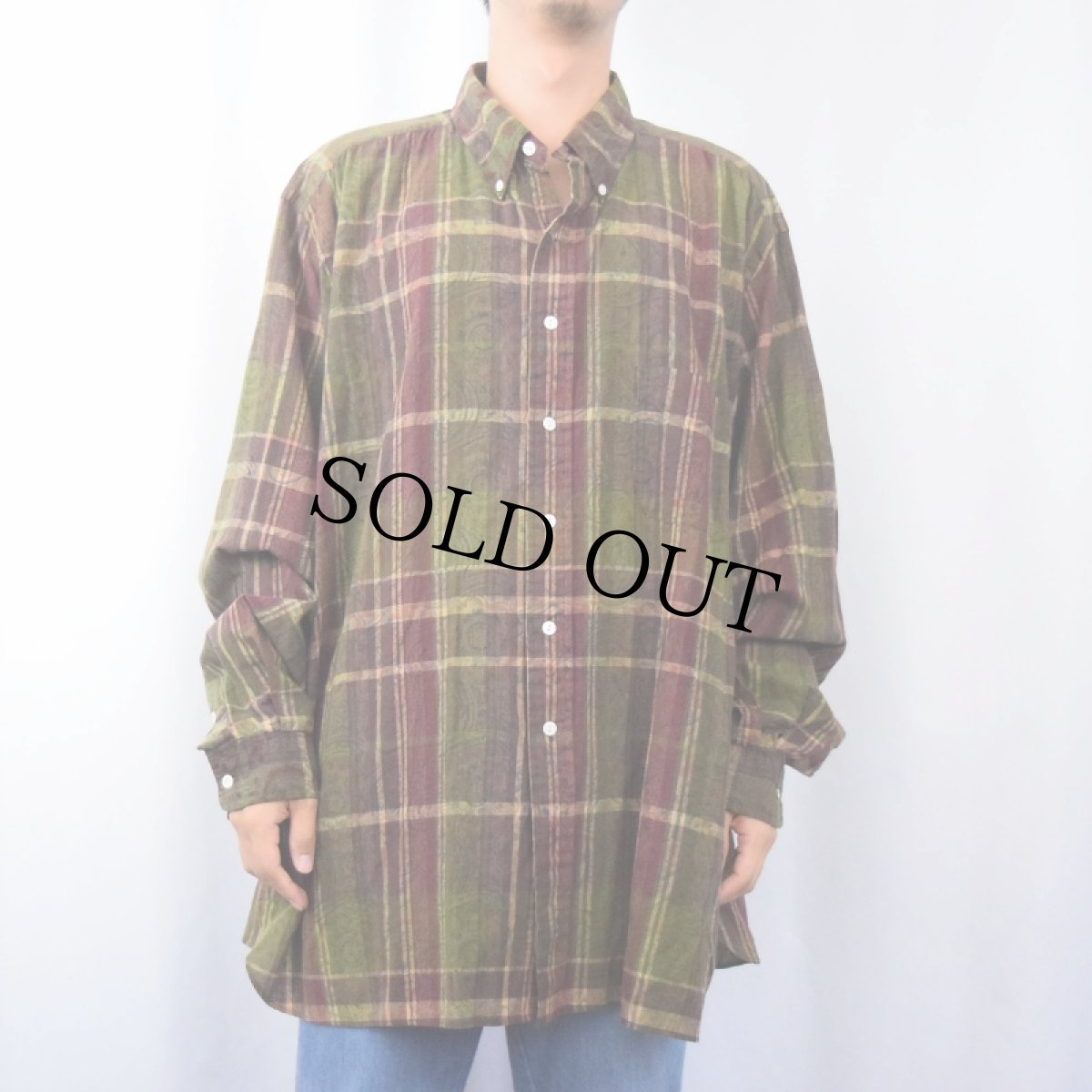 画像2: Ralph Lauren "CLASSIC FIT" チェック柄×ペイズリー柄 猫目ボタン 3点留め マチ付き コットンボタンダウンシャツ 2XB (2)