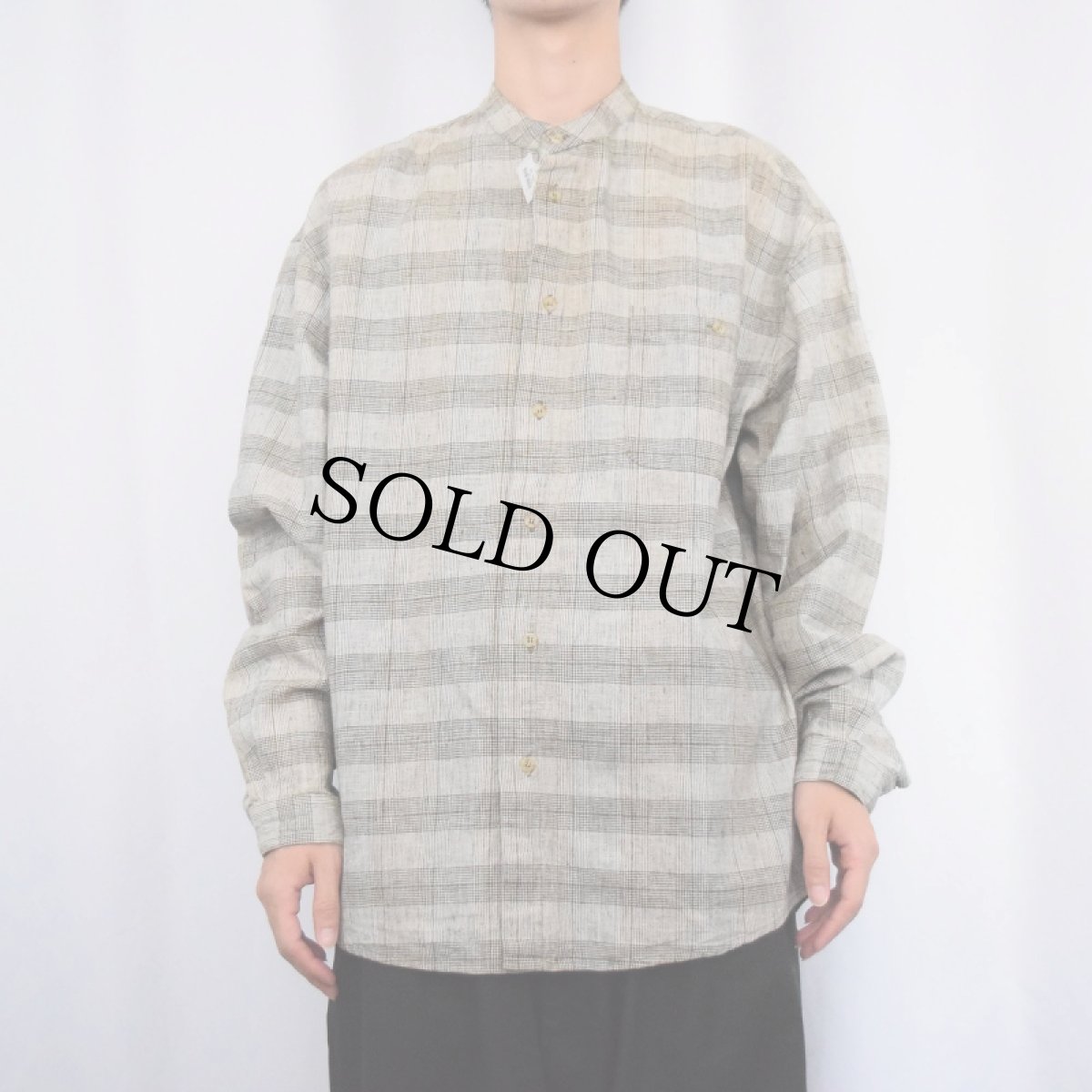 画像2: NINE TWENTY EAST グレンチェック柄 バンドカラー リネン×コットンシャツ L (2)