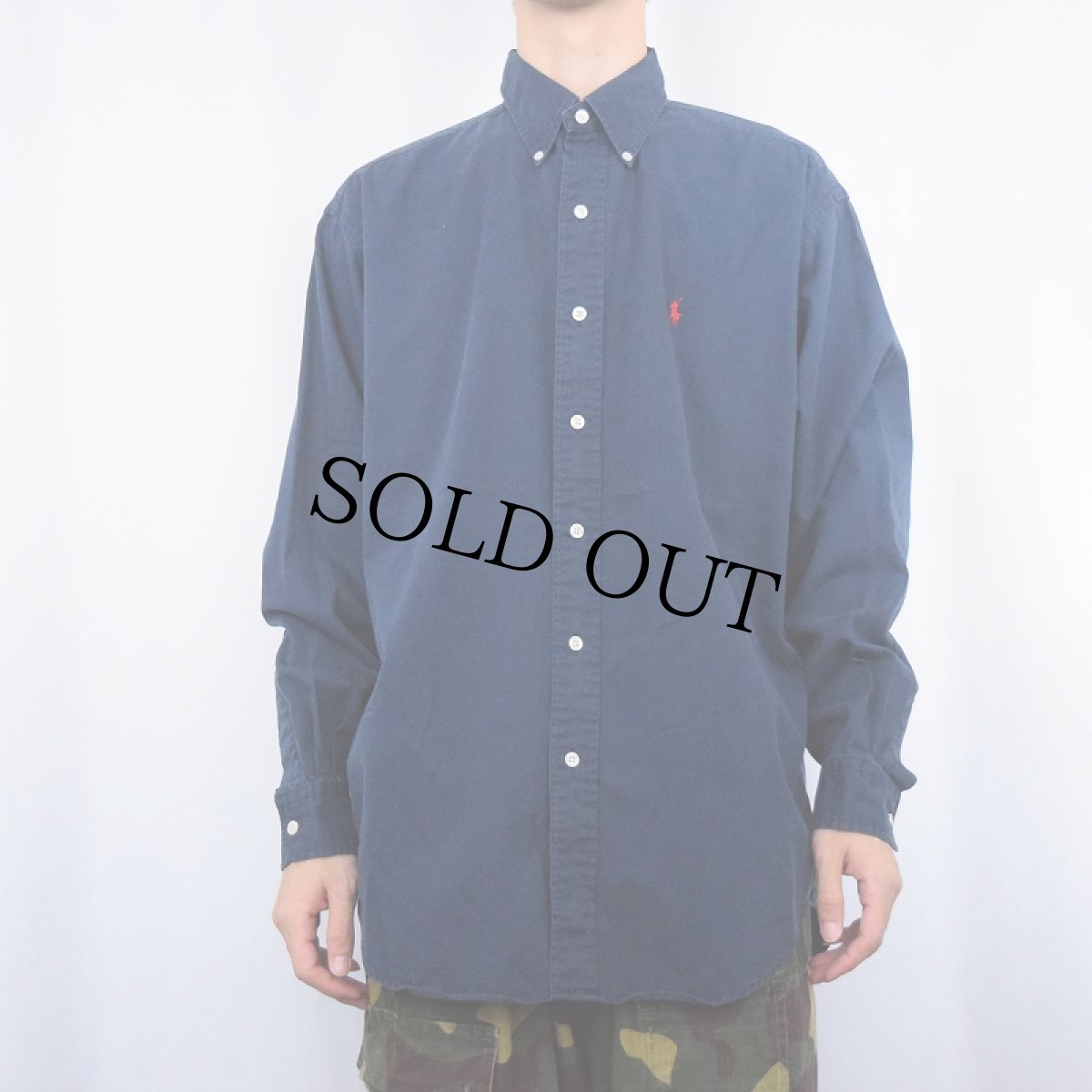 画像2: Ralph Lauren "BLAIRE" ロゴ刺繍 コットンボタンダウンシャツ NAVY M (2)