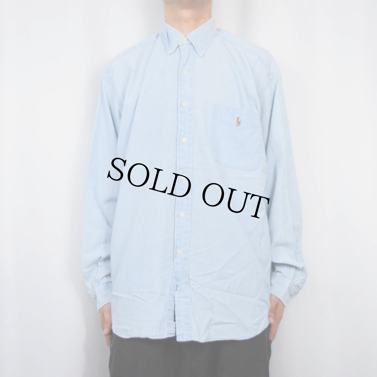 画像2: Ralph Lauren "BIG SHIRT" ロゴ刺繍 ボタンダウン シャンブレーシャツ L (2)